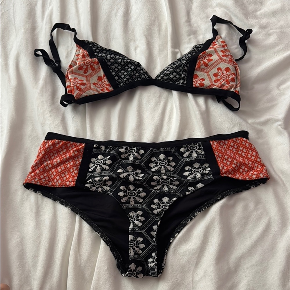 Black and Orange Patterned Bikini Set